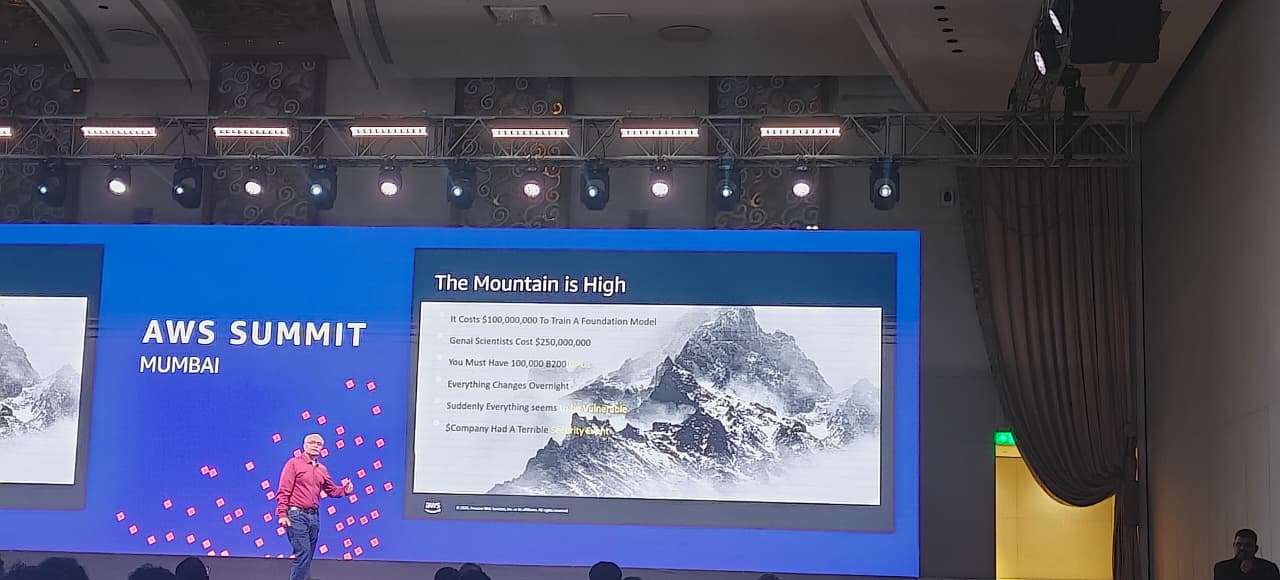 Slide: The Mountain is High — $100M to train a foundation model, everything changes overnight
