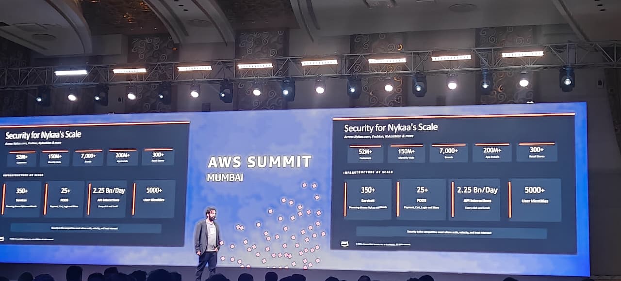 Slide: Security for Nykaa's Scale — 52M+ customers, 150M+ monthly visits, 7000+ brands, 200M+ app installs