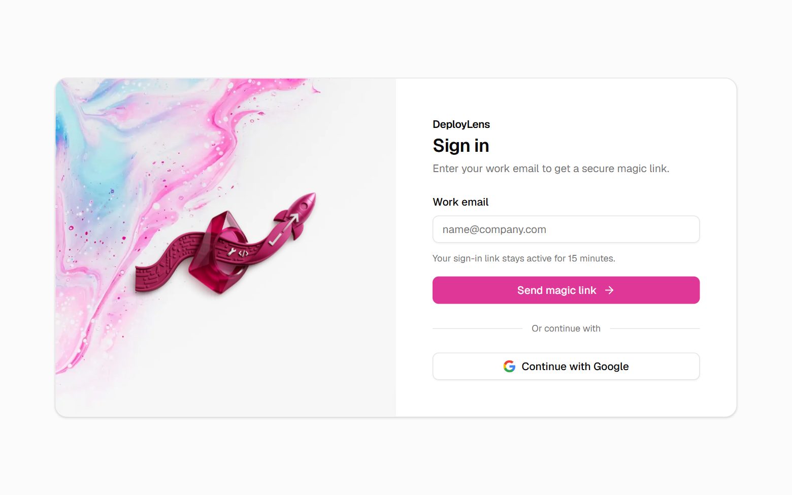DeployLens sign-in page with magic link and Google sign-in