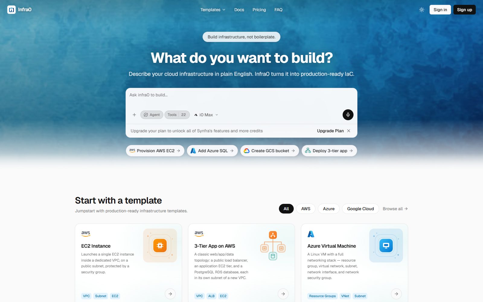 infra0 home page: "What do you want to build?" prompt box with AWS, Azure and Google Cloud templates
