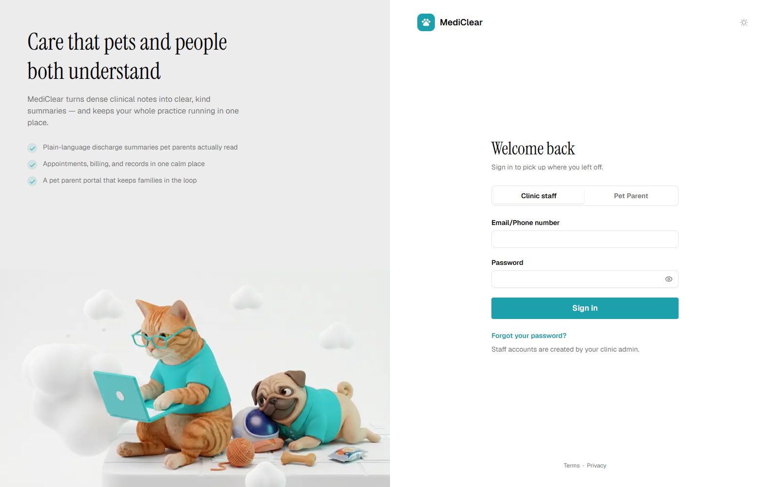 MediClear sign-in page with clinic staff and pet parent login options