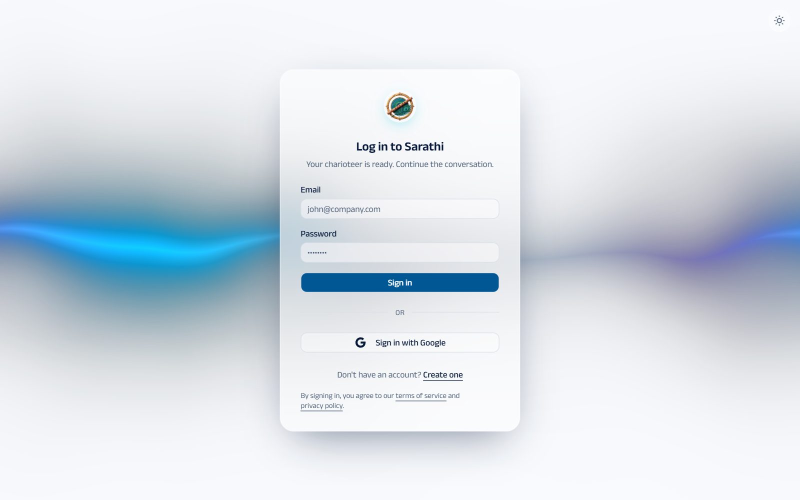 Sarathi log-in page: "Your charioteer is ready. Continue the conversation."