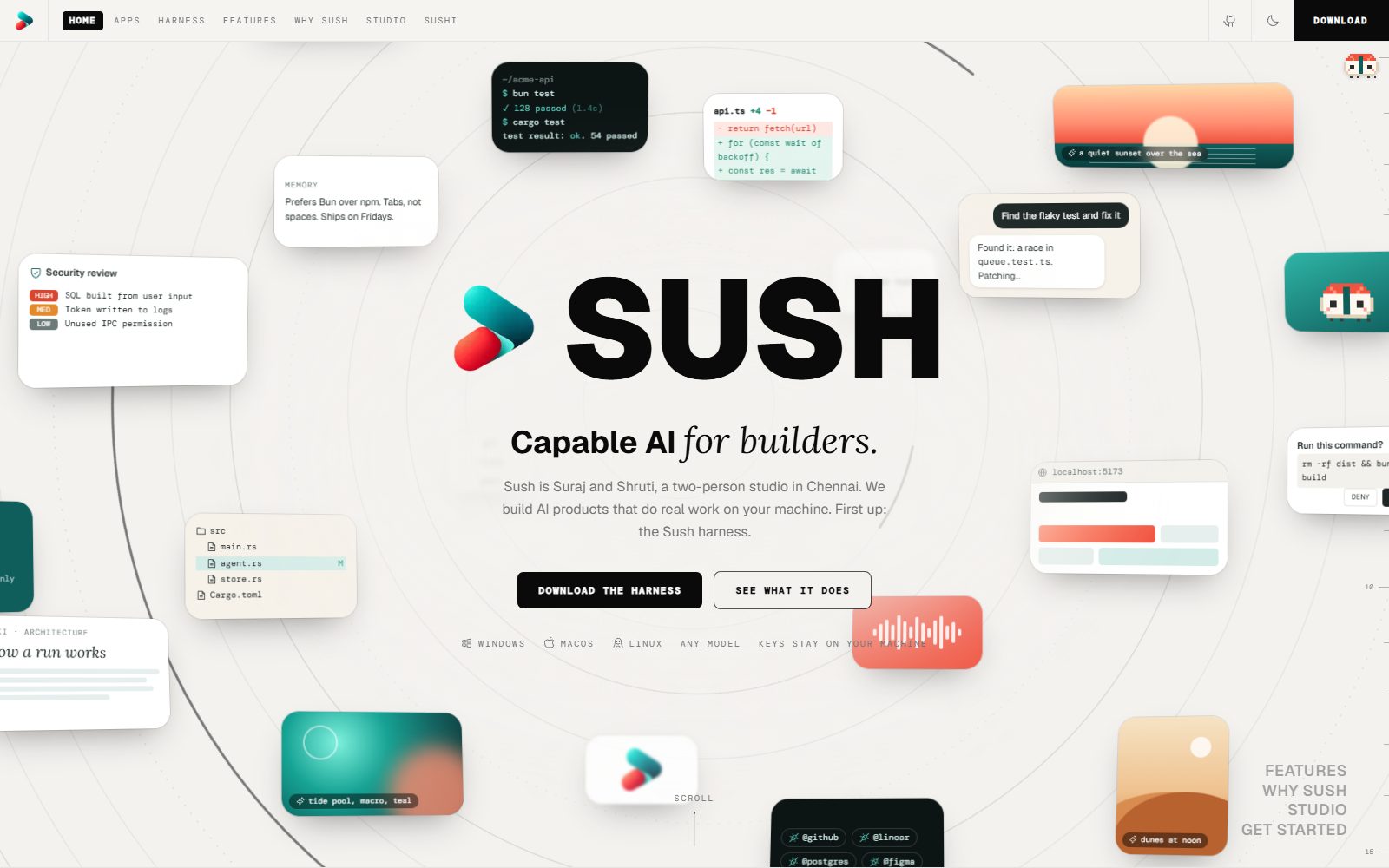 Sush website hero: "Capable AI for builders" surrounded by harness feature cards